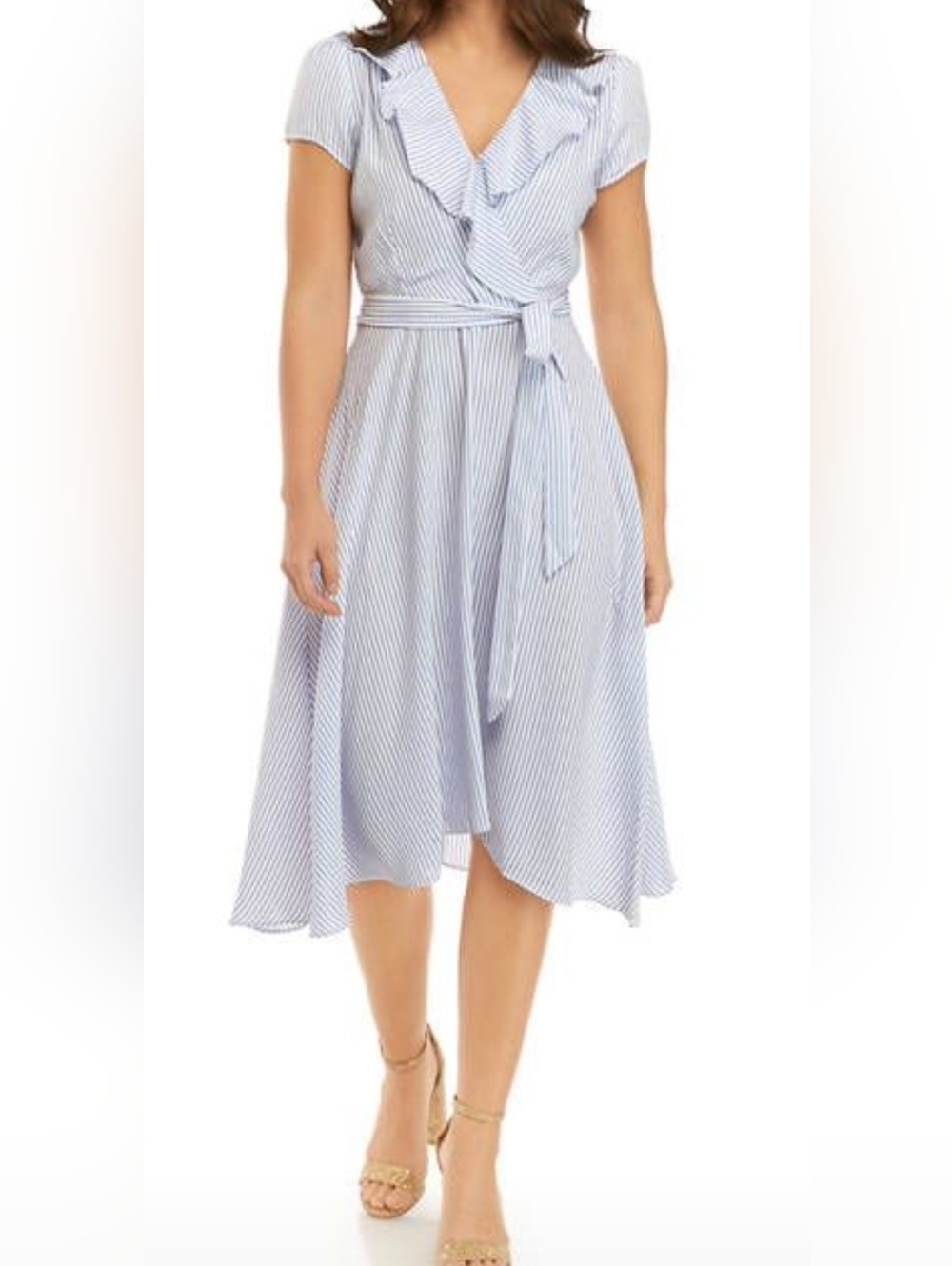 Striped Blue And White Wrap Style Dress with Ruffle V-Neck, Size 12 NWT